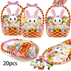 20 Pack Transparent Plastic Candy Gift Bags with Handles, Rabbit Pattern, Ideal for Teachers and Students, Easter Egg Hunt Supplies, Party Favor