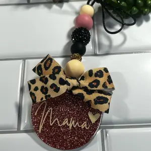 Candidly Car Charm - Mama Rose Gold Leopard Bow with 2.5 Inch Resin Coated Acrylic Circle Charm, Includes Silicone Beads