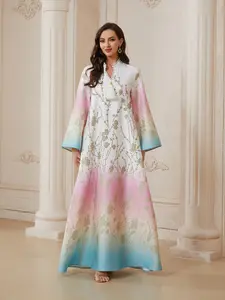 Middle Eastern Ramadan Eid Abaya, Blue Gradient Gold Foil Fringe Long Robe, Dubai Style Soft Luxury Kaftan, Women's Fashion