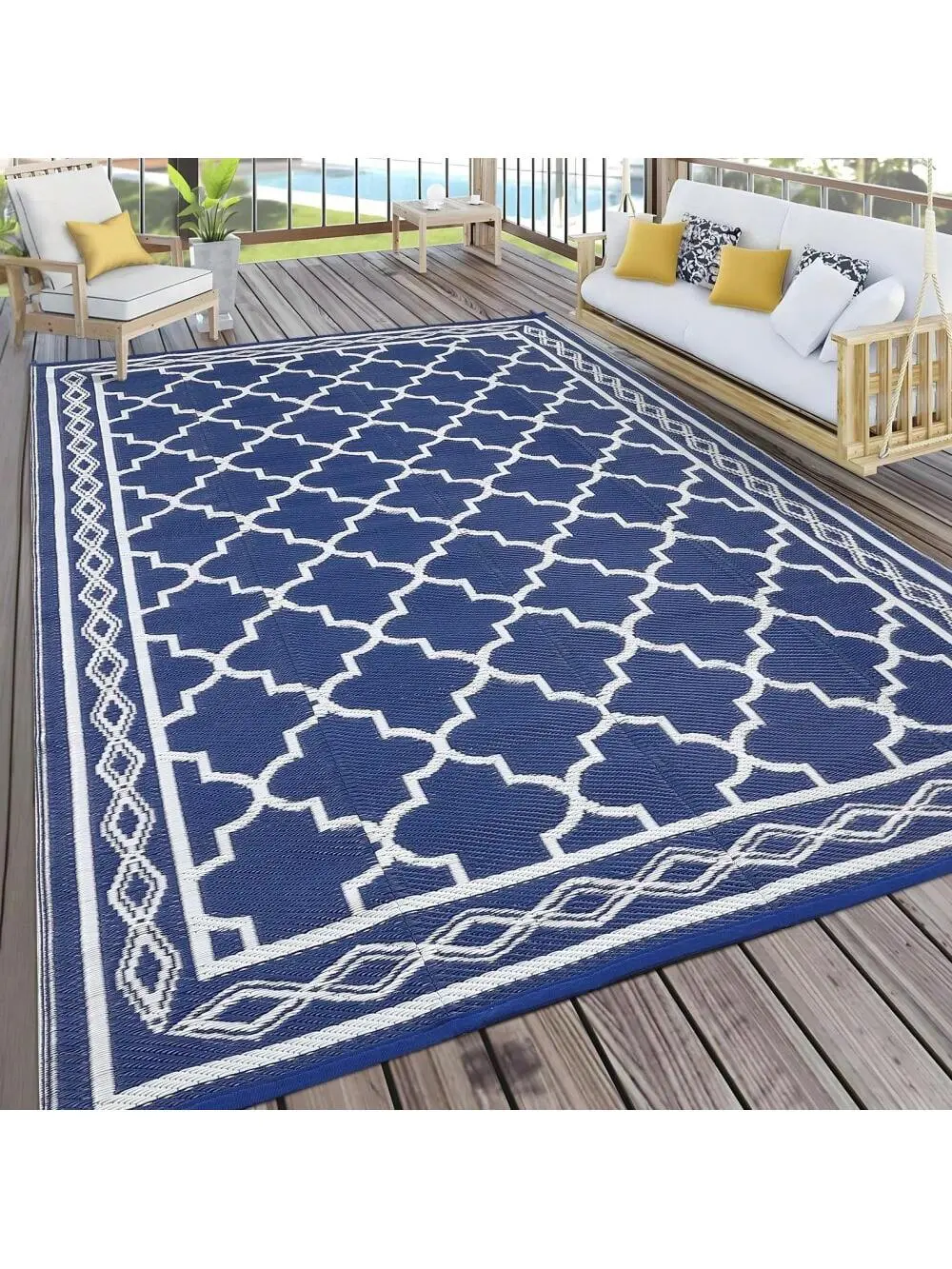 Dark Blue and White 10x14ft Waterproof Modern Plastic Straw Patio Rug - Reversible Geometric Outdoor Area Rug with UV-Resistant, Stain-Resistant, Lightweight, Portable Features for Backyard, Camping, RV Trips, Rugs