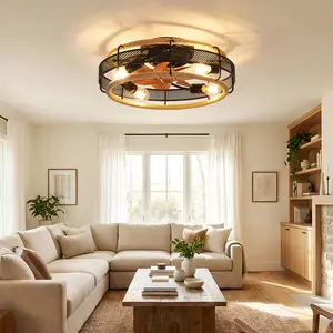 20" Ceiling Fan with Light Flush Mount, Farmhouse Hemp Rope Caged Fandelier with Remote, 6-Speed Reversible, E26 Base, for Bedroom, Living Room