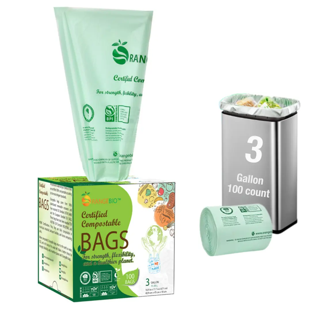OrangeBio® 3 Gallon Compostable Small Bin Liners, 100 Count, BPI Certified, TÜV OK Compost HOME