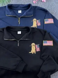 Embroidered USA Golden Retriever Quarter Zip Sweatshirt, USA Flag Dog Lover Crewneck, Dog Bless America Crewneck, Dog Lover Gift
