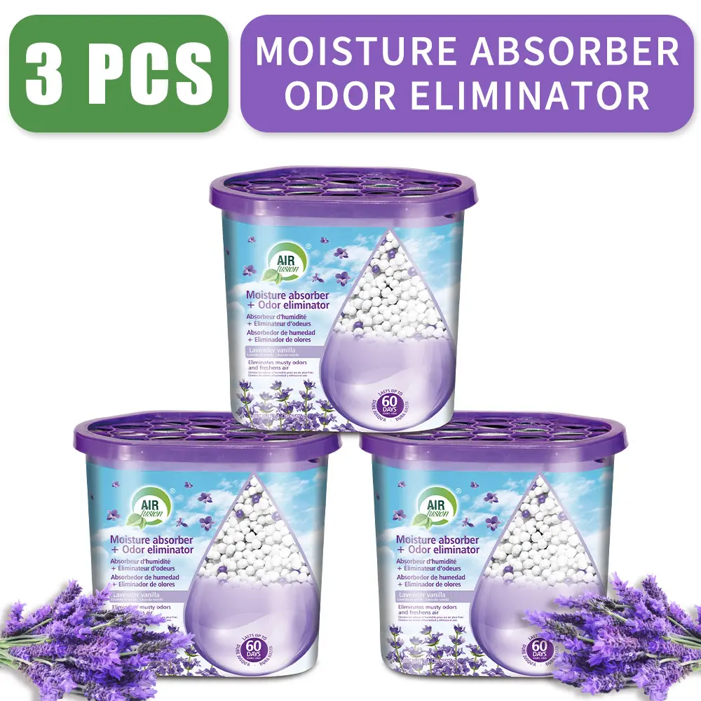 Air Fusion 3-Pcs Portable Dehumidifier Box - Bamboo Charcoal Moisture Absorber, Deodorizing Multi-Scent Freshener (Lavender Vanilla, Fresh Linen, Jasmine Blossom) for Closets, Bedrooms