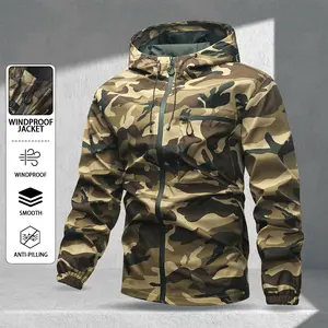 Men's casual hooded jacket, featuring an all-over camouflage print, tactical durable windproof surface design, adjustable drawstring hood with cord lock, elastic cuffs to prevent pilling, perfect for outdoor recreation activities such as hiking, camping,
