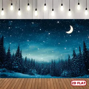 2D Flat Winter Wonderland Photography Backdrop Snowflake Starry Sky Pine Forest Scene for Christmas New Year's Parties Versatile Polyester Banner with Vivid Colors Tree