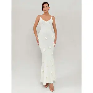 Aloruh Elegant Backless Knit Dress With Tailored Flowers, Suitable For Holiday, Street Wear And Date,Summer Dresses For Women,White Graduation Dress