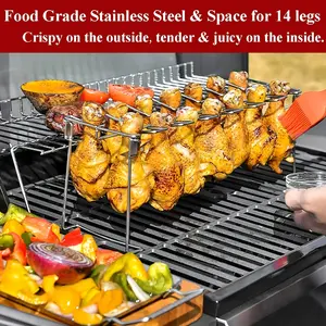 14 Slots Stainless Steel Chicken Leg & Wing Rack with grill brush - Foldable Vertical Roaster Stand for BBQ, Smoker, Oven - Ideal for Picnics, Camping, Cooking - Easy Storage Kitchen Accessory