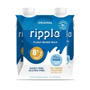Ripple Non-Dairy Milk, Original | Vegan Milk With 8g Pea Protein| Shelf Stable Single Serve Cartons | On-The-Go | Non-GMO, Plant Based, Gluten Free | 8 oz, Pack of 4