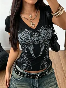 Grunge Vintage Top Summer Black Printed T-Shirt Waist Slim Fit Short Sleeve for Women Y2k top Wing pattern Summer short sleeves