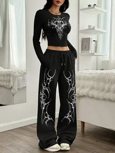 Women's Casual Two-Piece Set, Round Neck Long Sleeve Top + Loose Pants, Gothic Print, Comfortable Wear, All Season Layering, Casual Lounge Set