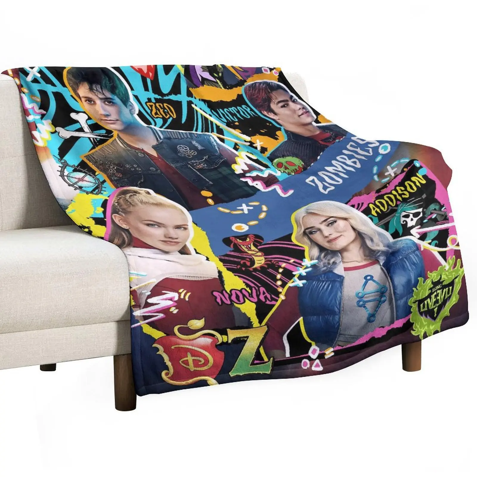 Zombies Graffiti Character Flannel Throw Blanket, Ultra Soft Anti-Static Fleece Blanket with Zed Addison Nova Victor Print, Lightweight All Season Couch Bed Blanket Gift for Teen Kids Fans