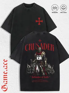1 PCS GAME.ACE Washed Black Oversized Tee, "Crusader Defender of Faith" Knight Graphic Print, Gothic Faith-Inspired Streetwear, 100% Cotton Breathable Unisex T-Shirt, Ideal for Daily Wear & Bold Statement Lovers