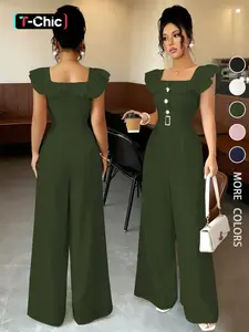 New Women's Square Neck Jumpsuit with Ruffle Trim & Button Detail, Casual Comfy Style Fitted Jumpsuit, Ideal for Spring & Fall, Elegant Commuter Wear