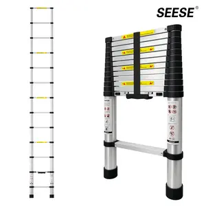 【DealsForYouDays】SEESE 12.5 FT Telescoping Ladder, Aluminum Telescopic Extension Ladder 330 lbs, One-Touch Retractable Compact Portable Ladder with Non-Slip Rubber Feet for Home, RV, Loft & Household Use