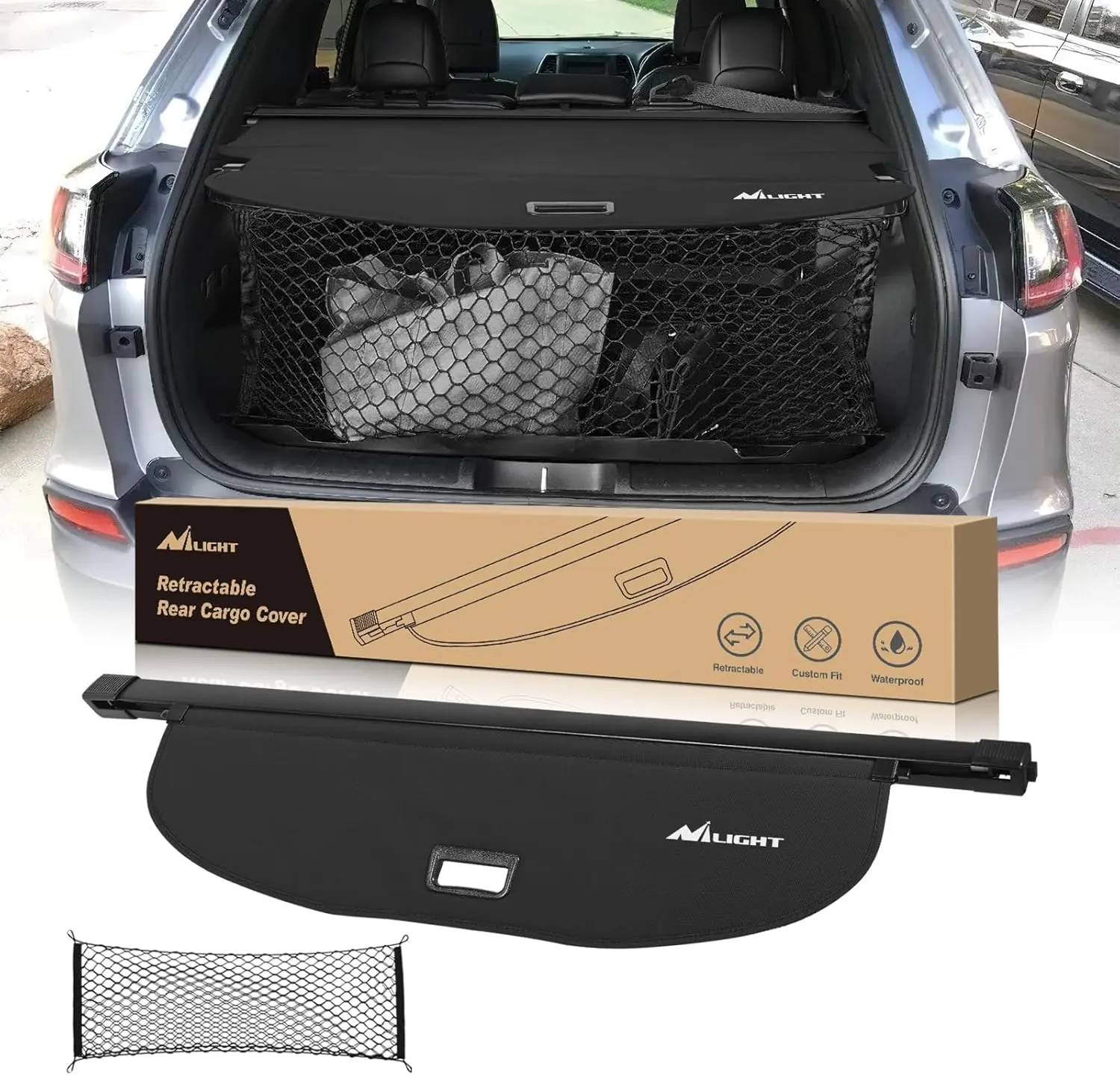 Nilight Custom Fit Retractable Security Shade Trunk Cargo Cover with Trunk Storage Net, Portable Handle, Superior Durability for 2019-2023 Jeep Cherokee Accessories, 1-Pack, Shields Valuables, Prevents Luggage Sliding, Travel, Cars Accessories