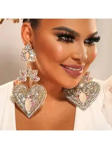 New Heart Shaped Earrings Full Diamond Embellished Exaggerated Drop Earrings High End Women Accessories Luxury Jewelry Statement Earrings for Party Gift