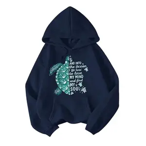 Plus Size Women's Casual Turtle Slogan Print Drop Shoulder Hoodie Sweatshirt, Autumn/Winter Breathable Womenswear Unisex