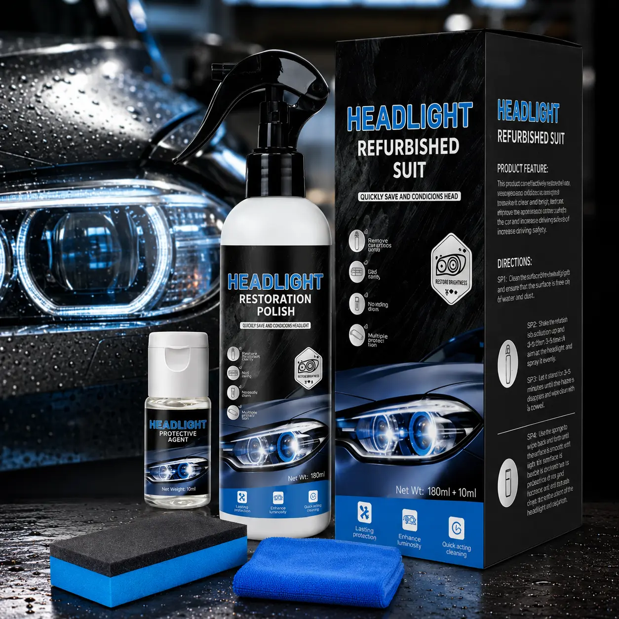 Car Headlight Refurbishing and Restoration Kit, Odorless Safe Formula with 180ml Spray and 10ml Protection Liquid, Easy Application without Disassembling for Yellowed Blurry Headlight Maintenance, Daily Commute Essential