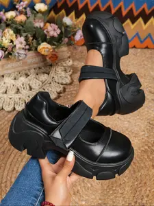 Women's Fashion Mary Jane Platform Shoes, Plain Design, Velcro Closure, PU Leather Upper & Sole, Comfortable Walking Footwear, Versatile Shoes