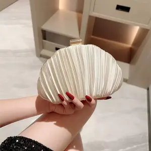 Women's Apricot Satin Shell Shape Purse Glitter Rhinestone Cocktail Prom Handbag for Wedding Party Season