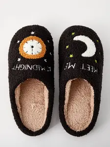 Women's Cute Moon & Clock Pattern Slippers, Casual Soft Comfortable Home Slippers for Fall & Winter, Fluffy Winter House Shoes for Indoor and Outdoor, Fuzzy Warm Slippers