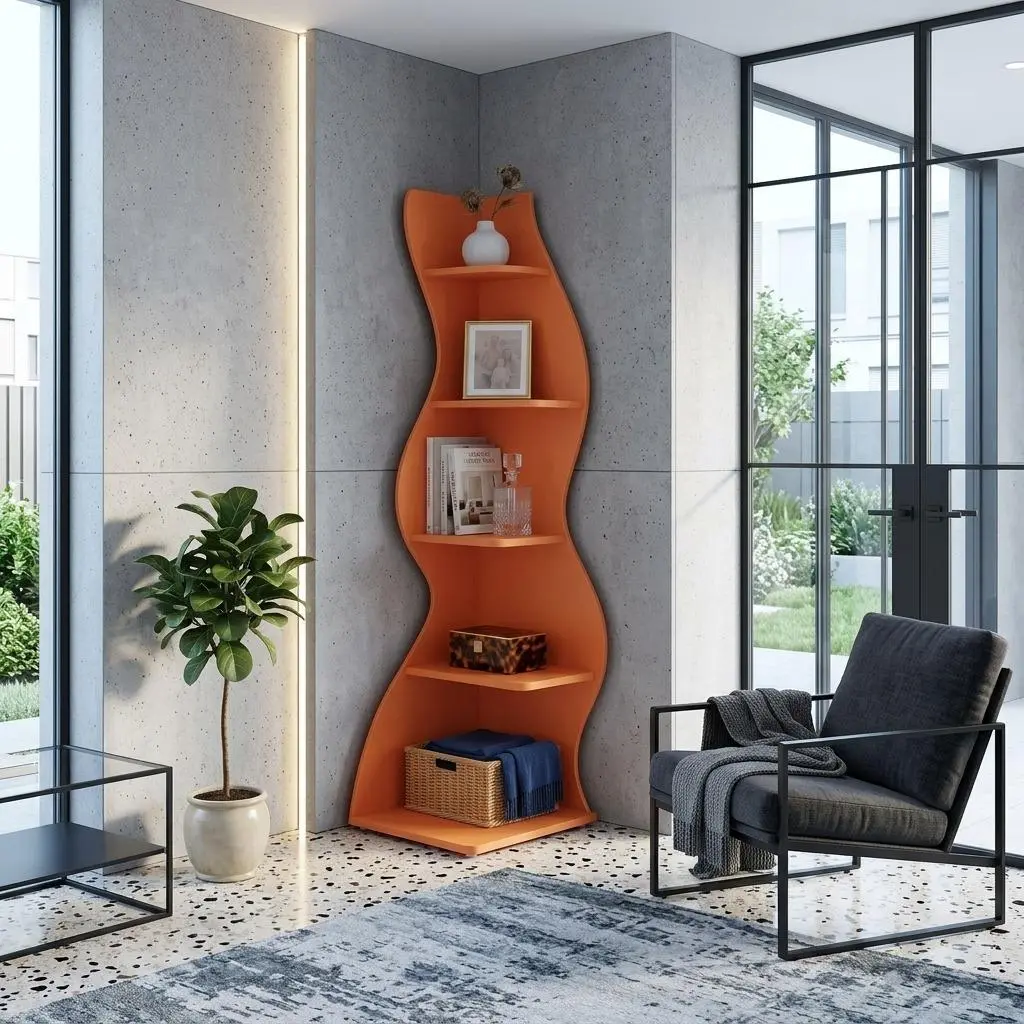 70 Inch 5-Tier Irregular Corner Shelf, Orange Floor Standing Display Rack with Back Panel, Composite Wood Storage Bookshelf, Modern Style Plant Stand Decor Cabinet for Living Room Study Bedroom Office, Easy to Assemble