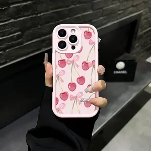 Pink cherry pattern ins style TPU anti drop phone case, full of three dimensionality, skin friendly anti drop, exquisite color, compatible with iPhone 17 Pro Max 16 Pro Max 15 Pro 14 13 12 11 and Samsung Galaxy S25 S24 S23 series women's phone cases.A108