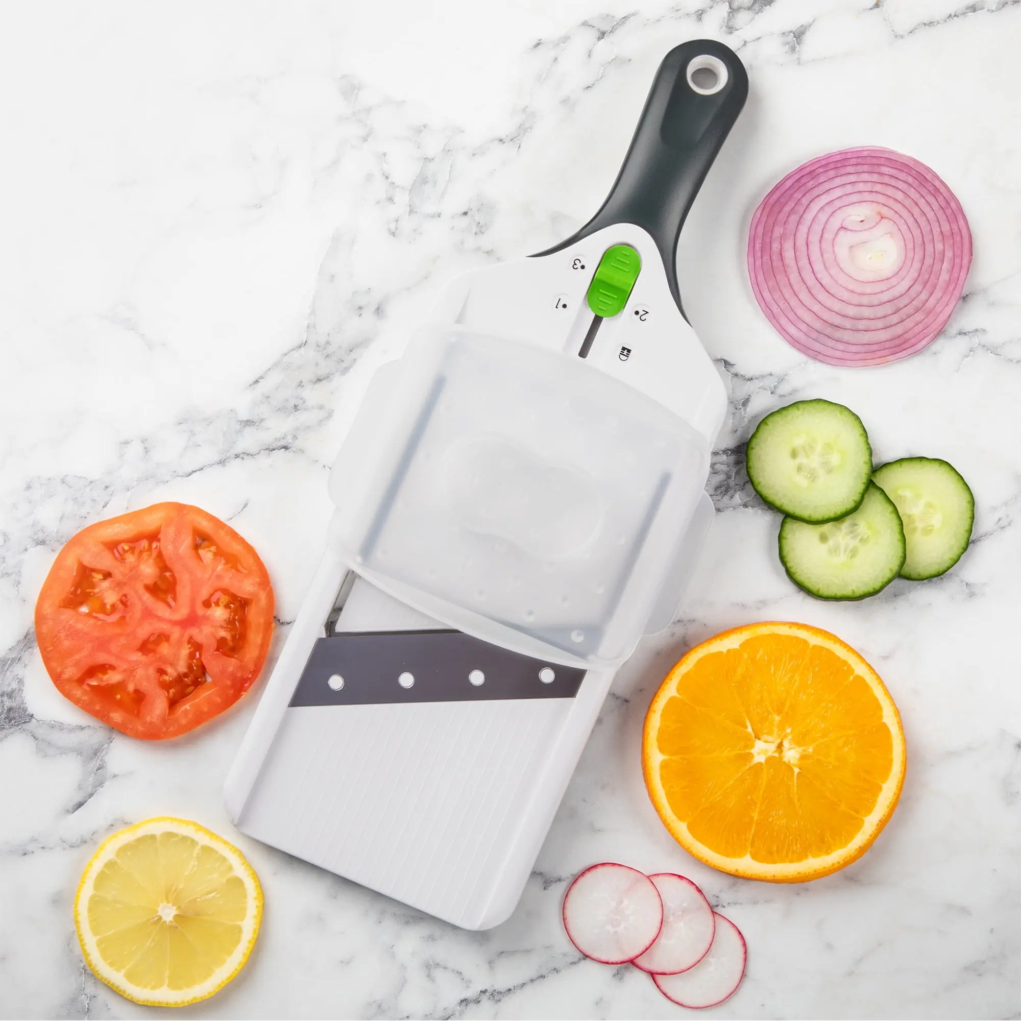 Adjustable Mandoline Slicer with Stainless Steel Blade - Multi-Thickness Vegetable Slicer with Finger Guard - Ergonomic Handle, Dishwasher Safe Kitchen Tool