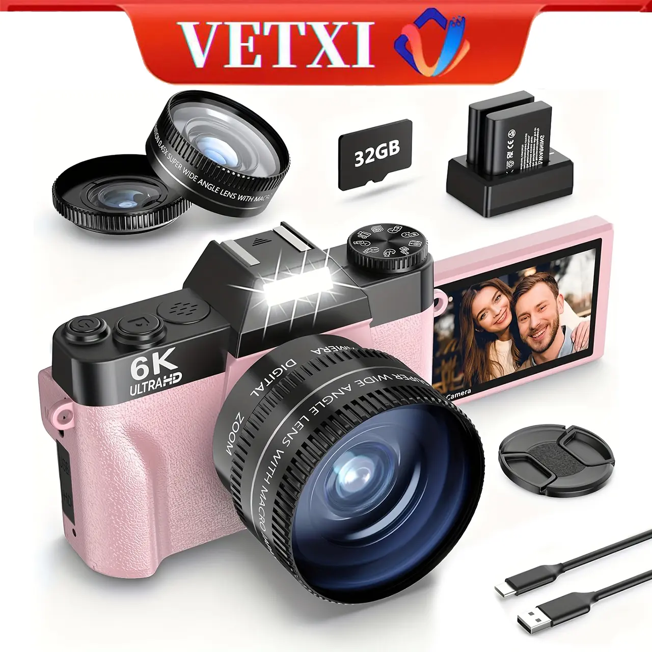 VETXI 64MP 6K Digital Camera, 180° Flip Screen Vlog Camera with WiFi, Webcam, Wide Angle & Macro Lens, 16X Digital Zoom, Digital Video Camera for Beginners