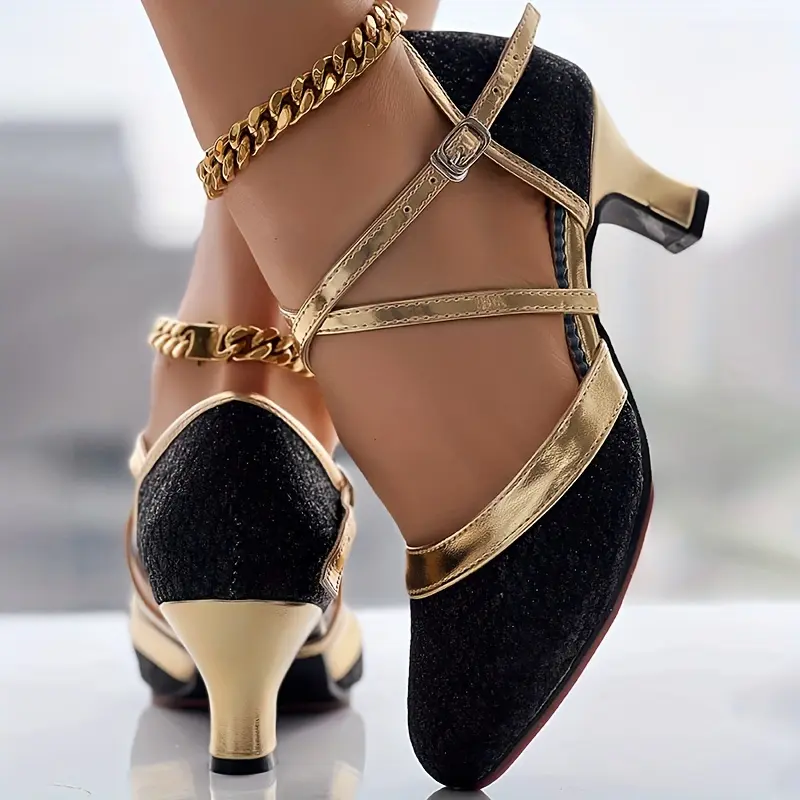Women's Glitter D'Orsay Latin Ballroom Sporty Dance Shoes - Crisscross Buckle Strap, High Block Chunky Heel, All-Match Mid-Heel Ballerina Shoes, All-Season Dance Footwear, Ballerina Shoes Heels