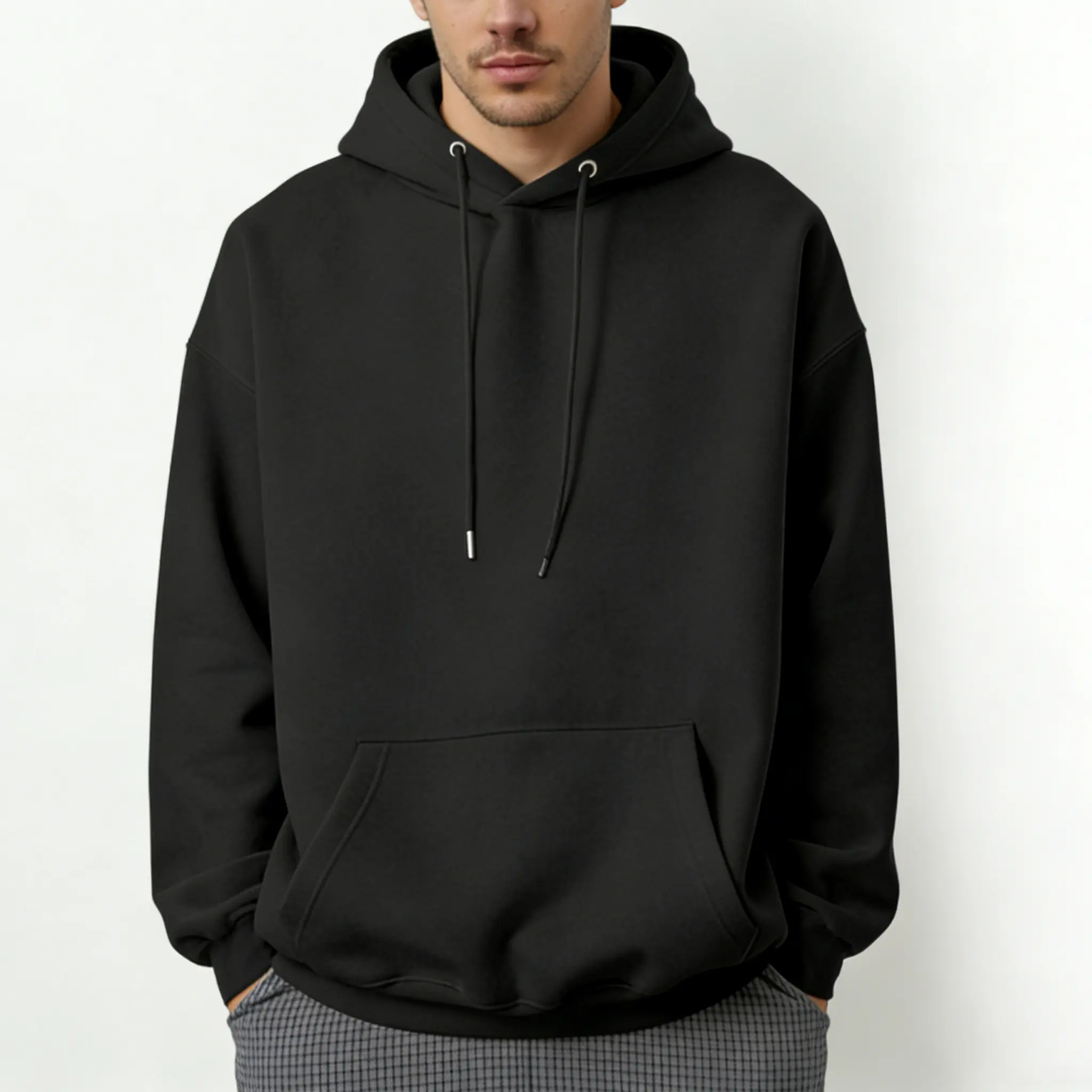 Men's Plain Black Hoodie, Relaxed Fit Drop Shoulder Pullover Sweatshirt, Soft Cotton Blend Casual Tops, Plus Size, Baggy, Long Sleeve, Street Style, Pullover Hoodie, Male, Menswear, Oversized, Loose, Relaxed Look, Plain Solid, Hooded Neck, Baggy Cut