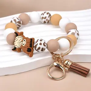 Silicone Beaded Keychain Wristlet Bracelet,Spot Pattern Beads with Bow Cow Design,Cute and Practical Gifts, Perfect Daily Gift for Women,Perfect Gift for Friends & Family