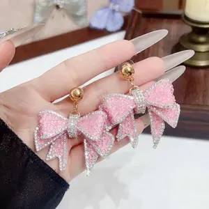 Pink Glittering, coquette dangle bow earrings for Holidays