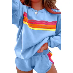 Women's Casual Clothing Sets Womenswear Bonbon Striped Accent Pullover and Shorts Two Piece