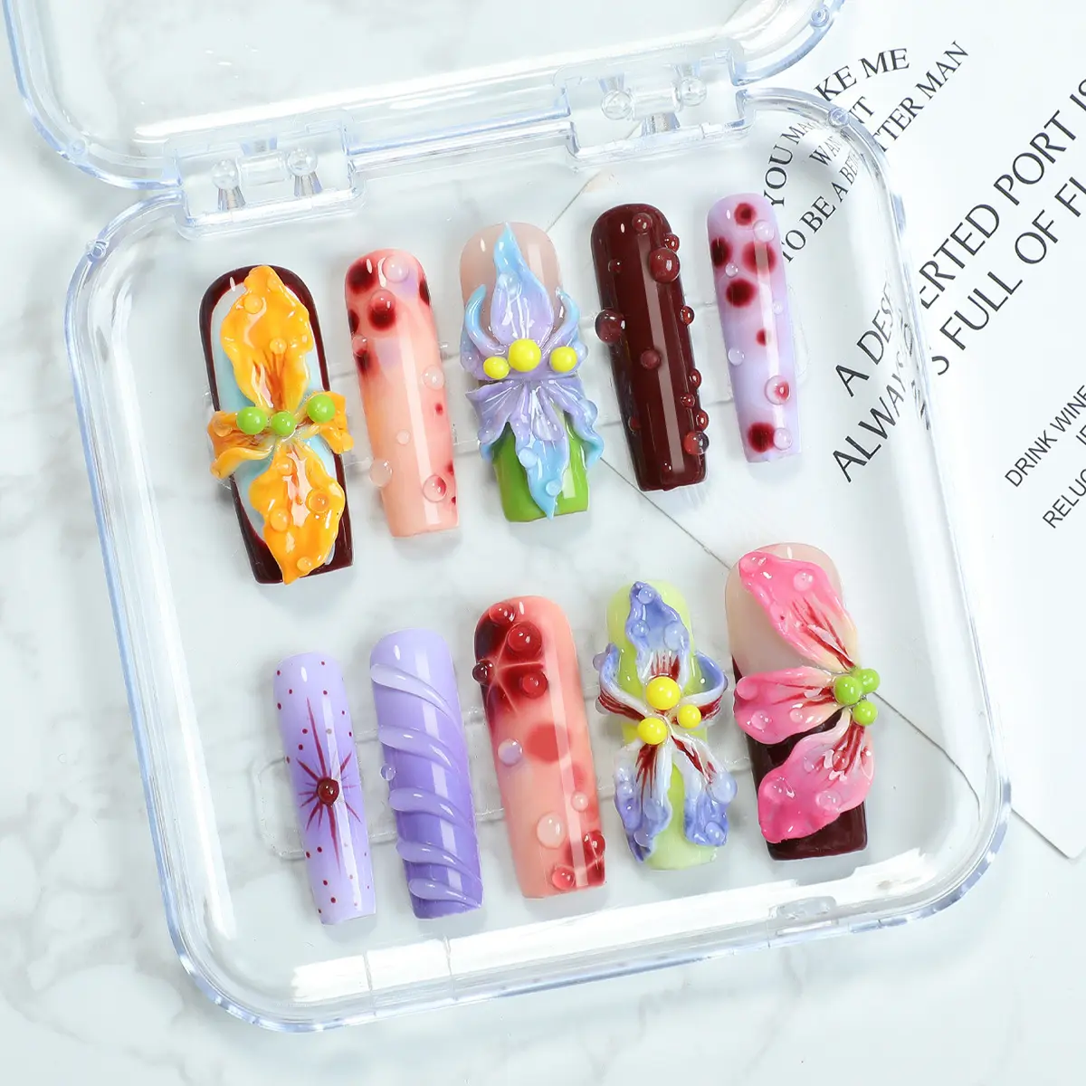 Hello Kitty 3D Floral Press-On Nails - Dopamine Color Wave Design Handcrafted Water Drop Detachable Nail Art Kit with Acrylic Press Nails and Diamond Tip Nails