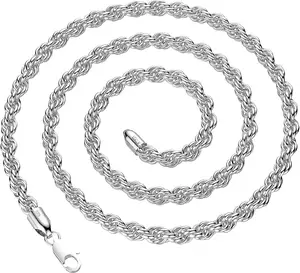 925 Sterling Silver Plated Rope Chain Lobster Clasp 4mm Chain for Men Women Silver Necklace Chain 19.68/23.62 Inches Dainty Durable Twist Rope Necklace