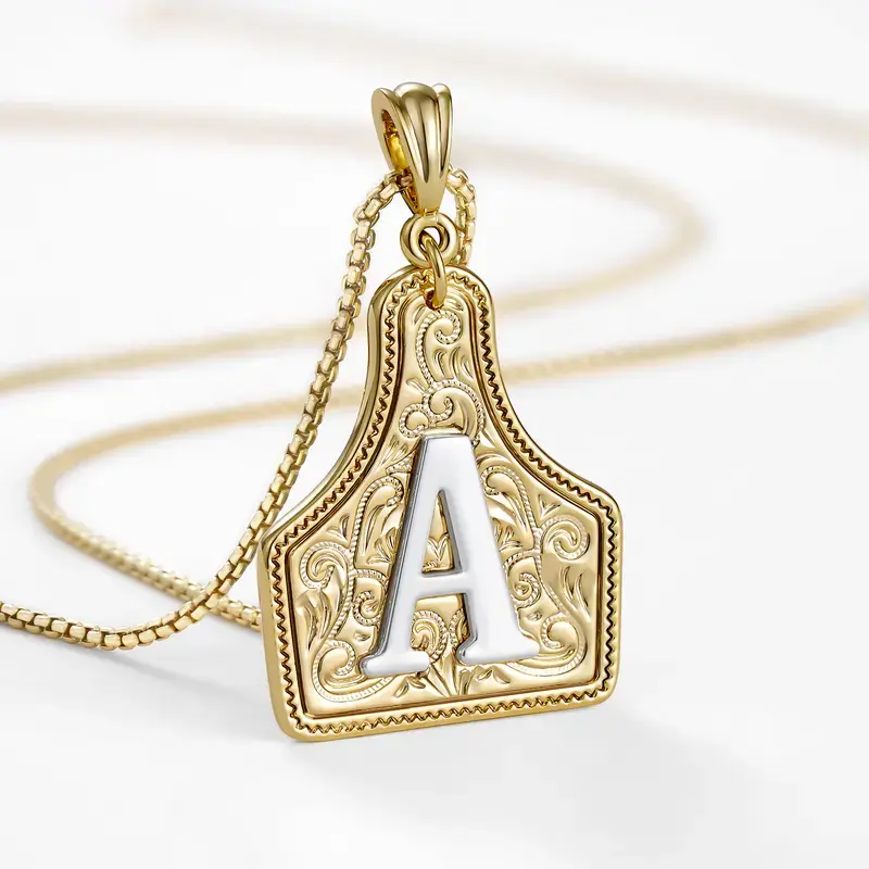 KissYan Western Initial Necklace,Handmade Two-Tone Gold Cow Tag Pendant, Adjustable 20 Inch Chain, Valentine’s Day Gift