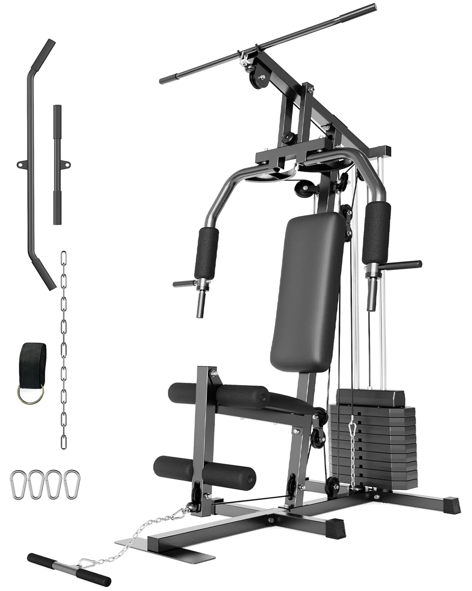 【Christmas Gift】Home Gym with 100LBS Weight Stack, Workout Station with Leg Press, Exercise Equipment ，for Full Body Strength Training, Preacher Curl and Leg