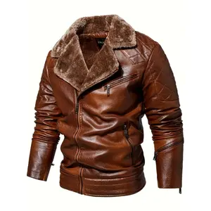 Men's Stylish Loose Long-Sleeve PU Leather Biker Jacket - Cool Weather Riding Coat for Warmth, Versatile Casual Western Outfit, Beige Plain Menswear, Leather Jacket, Biker Jackets