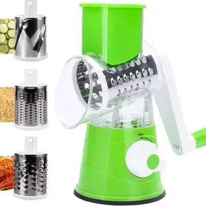 Rotary Grater for Kitchen - 3 in 1 Grater with 3 Drum Blades, Vegetable Slicer, and Cheese Shredder in Green Design