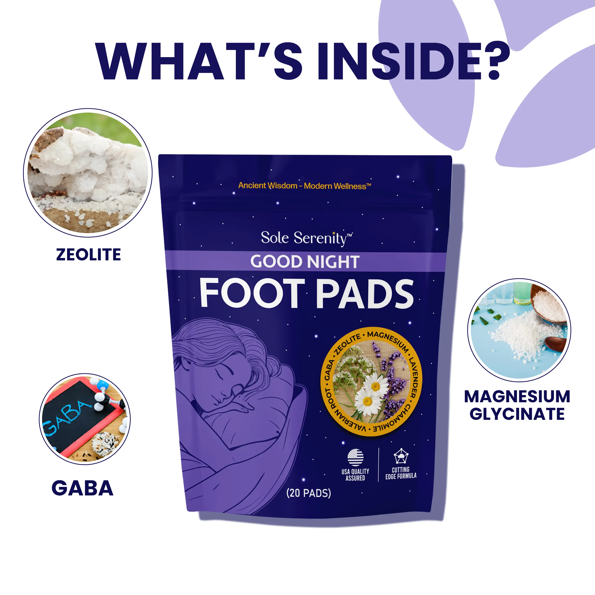 Good Night Foot Pads ingredient overview with zeolite GABA and magnesium glycinate