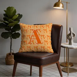 Orange Bow Monogram Initial Throw Pillow, 1-Piece Decorative Cushion with Insert, Bow Pattern Printed Personalized Aesthetic Accent Pillow for Couch Recliner Bedroom Living Room, Perfect Gift Choice