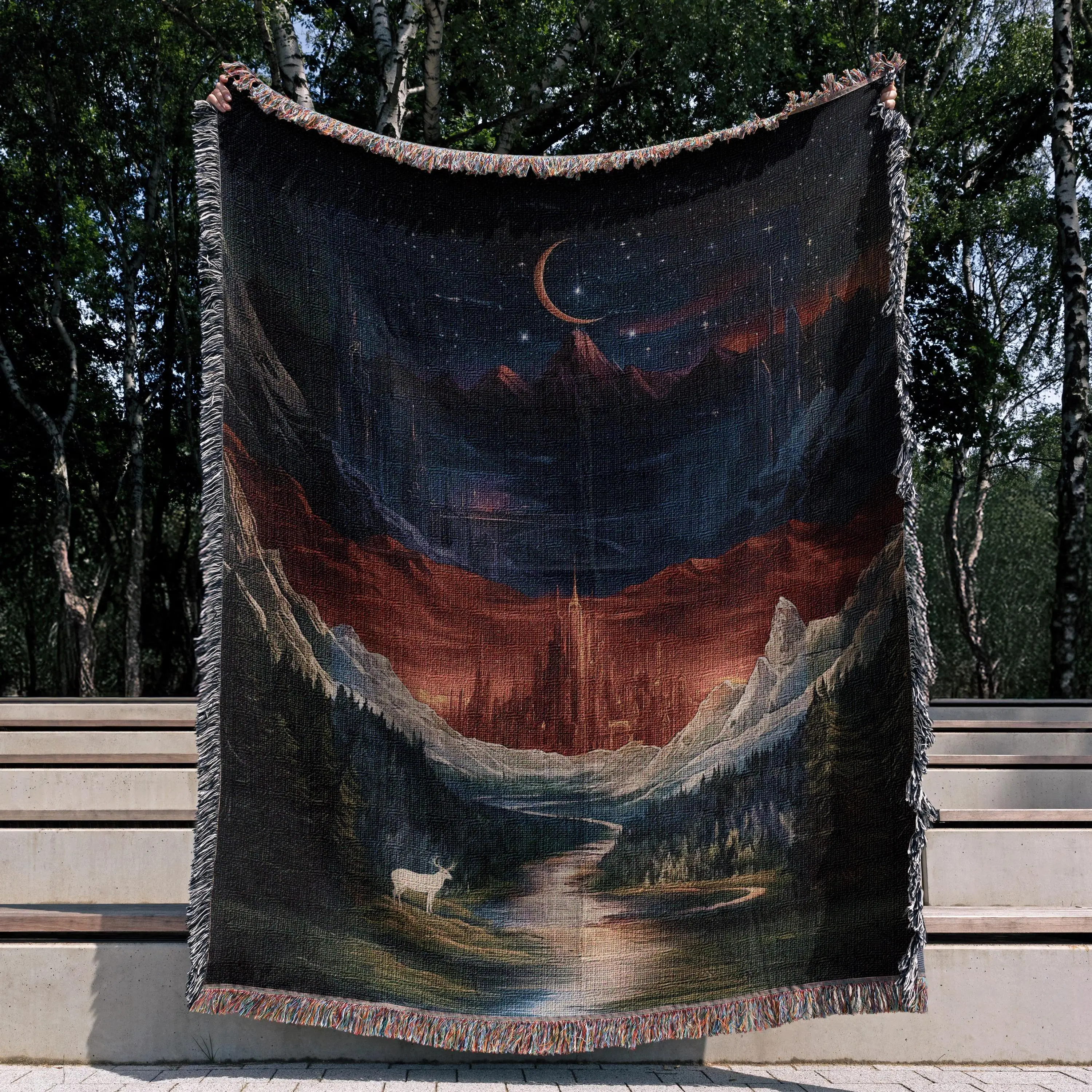 Woven Tapestry Blanket – Fantasy Bookish Celestial Mountain City Scene