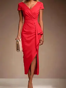 Elegant Evening Cocktail Dress for Women, V Neck High Slit Asymmetrical Ruched Party Gown Formal Wear, Perfect for Dates and Outdoor Events