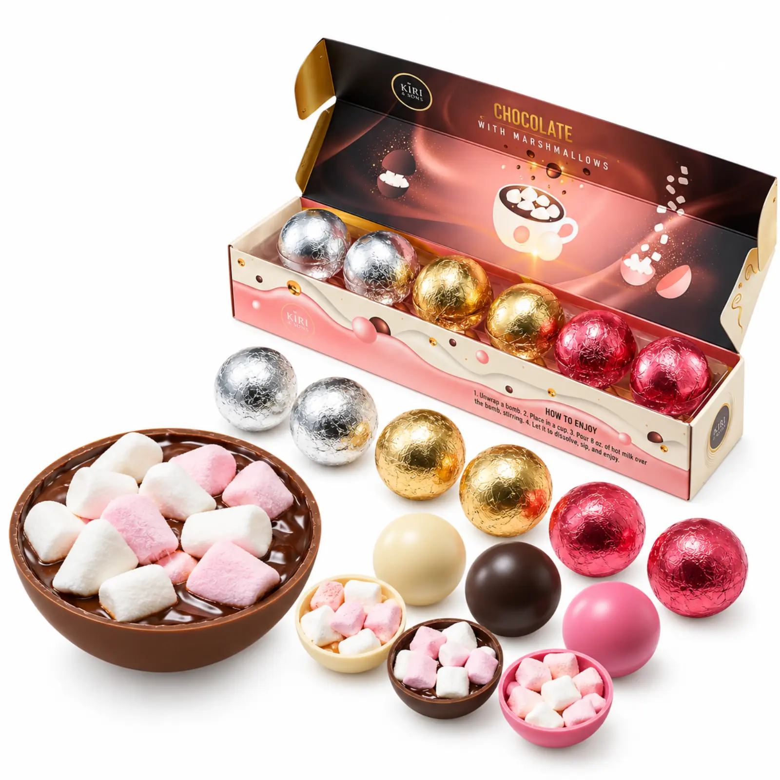 Hot Chocolate Bombs Marshmallow Filled Balls - Set of 6-3 Flavors of White, Fudge Brownie, Strawberry Chocolates Winter - Best Cocoa Filled with Marshmallows - Bomb Gift Set, Melting Delicious Gifts
