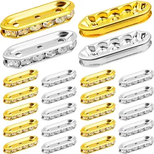 100pcs 3-Hole 6 Diamond Spacer Bars Rhinestone Spacer Bars Metal Spacers Bar Link Connectors for Multi Strand Bracelet DIY Jewelry Making, Golden and Silver