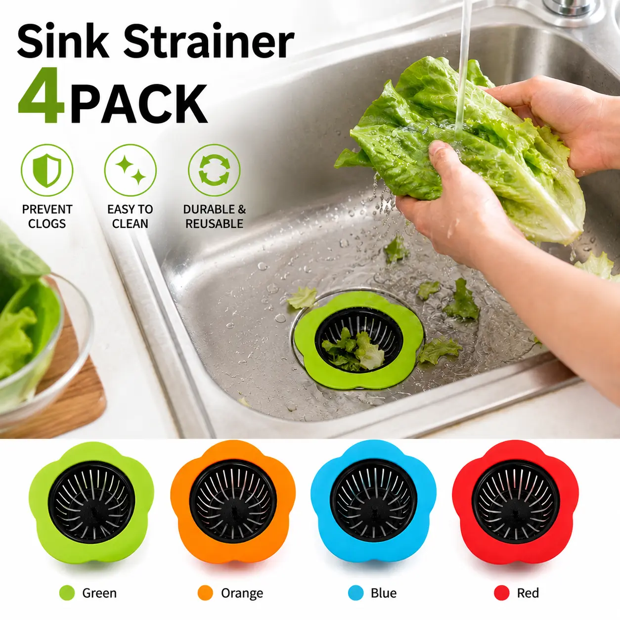 4Pack Silicone Kitchen Sink Strainer – Plastic Body with Silicone Edge, Wide Rim 4.5 Inch Diameter Sink Drain Strainer, Multicolor, Easy Clean Food Scrap Catcher for Kitchen Sink