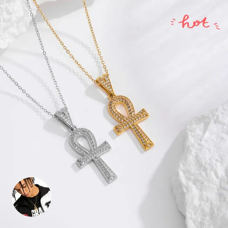 Luxury Ankh Cross Pendant Necklace  Gold & Silver Egyptian Ankh Symbol Necklace, Iced Out Rhinestone Charm Chain, Hip Hop Fashion Jewelry, Spiritual Protection Amulet Pendant, Streetwear Statement Necklace, Birthday Gift, Unisex Trendy Accessories