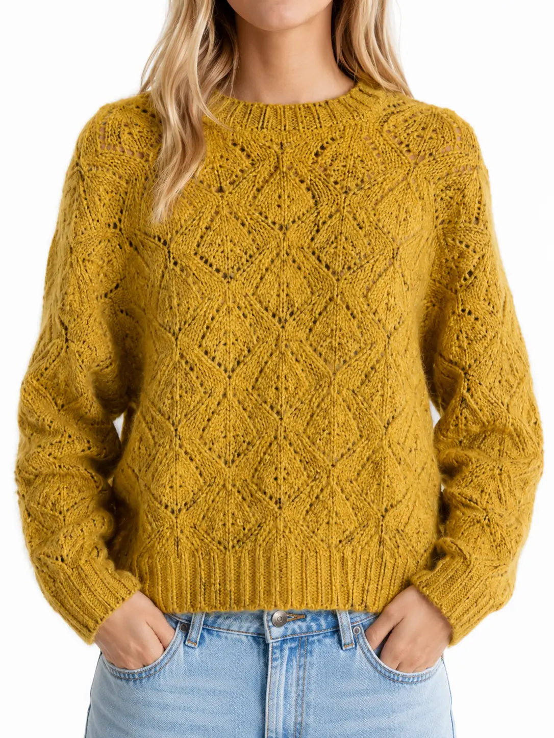 Mustard Open-Knit Sweater – Textured Diamond Crewneck Pullover